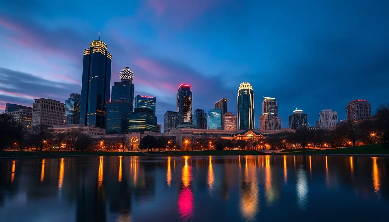 Downtown Dallas skyline at blue hour with illuminated skyscrapers
