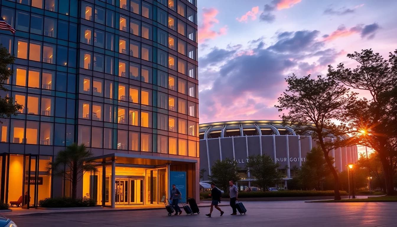 Modern Texas hotel exterior at twilight with stadium visible behind