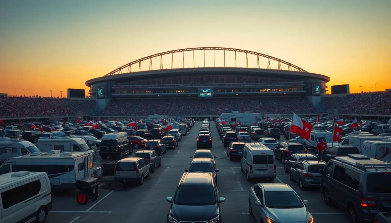 Stadium parking lot at sunset filled with cars and tailgating fans