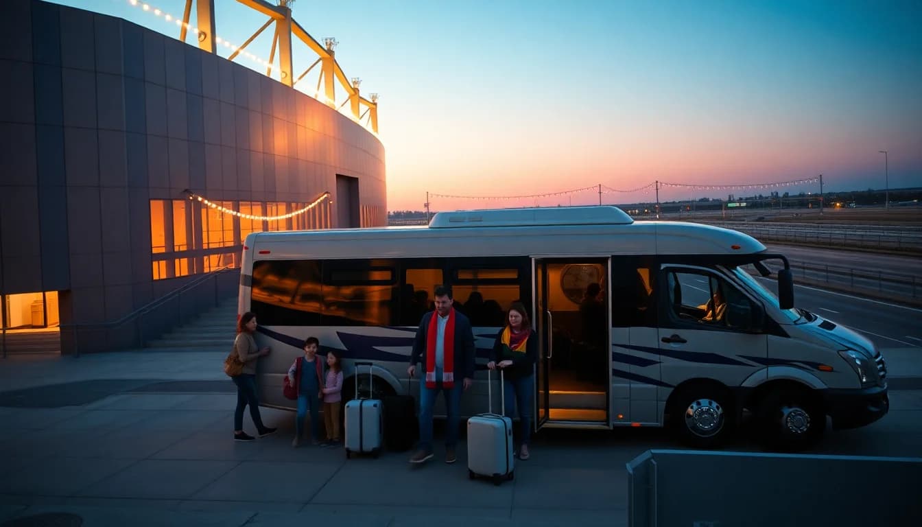 Charter shuttle bus dropping off World Cup fans outside the stadium at dusk